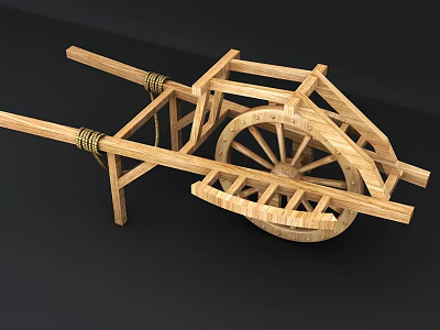 Traditional Wooden Wheelbarrow With Wooden Frame And Large Spoked Wheel 3d model