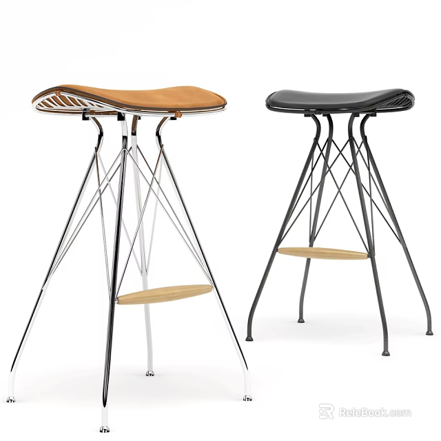 Modern Design Bar Stools With Brown Black Leather Seats Metal Frames Wooden Footrests 3d model 