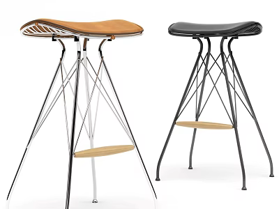 Modern Design Bar Stools With Brown Black Leather Seats Metal Frames Wooden Footrests 3d model