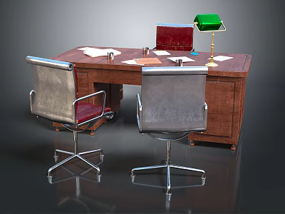Wooden Office Desk With Papers Red Folder Desk Lamp And Two Chairs 3d model