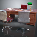 Wooden Office Desk With Papers Red Folder Desk Lamp And Two Chairs
