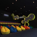 Family Friendly Cinema Interior With Colorful Inflatable Seats Slide Ball Pit And Mushroom Decorations