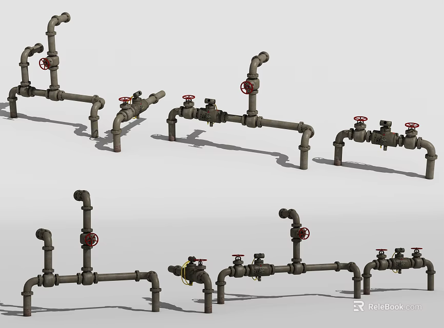 Industrial Metal Pipe Systems With Red Valves And Various Connection Configurations 3d model 