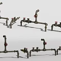 Industrial Metal Pipe Systems With Red Valves And Various Connection Configurations