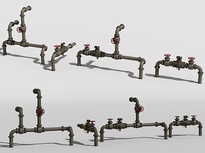 Industrial Metal Pipe Systems With Red Valves And Various Connection Configurations 3d model