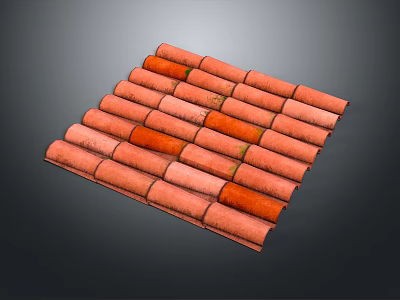 Red Roof Tiles Neat Arrangement With Weathered Surface And Green Moss 3d model
