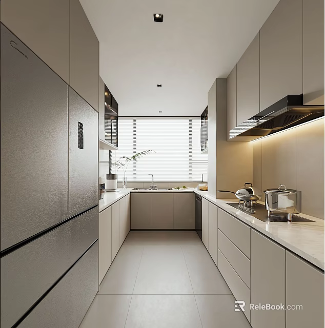 Modern Kitchen Interior With Light Colored Cabinets White Countertops Island And Appliances 3d model 