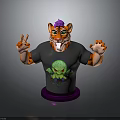 Vibrant Tiger Head Cartoon Character Wearing Black T-Shirt With Green Monster Graphic And Purple Base