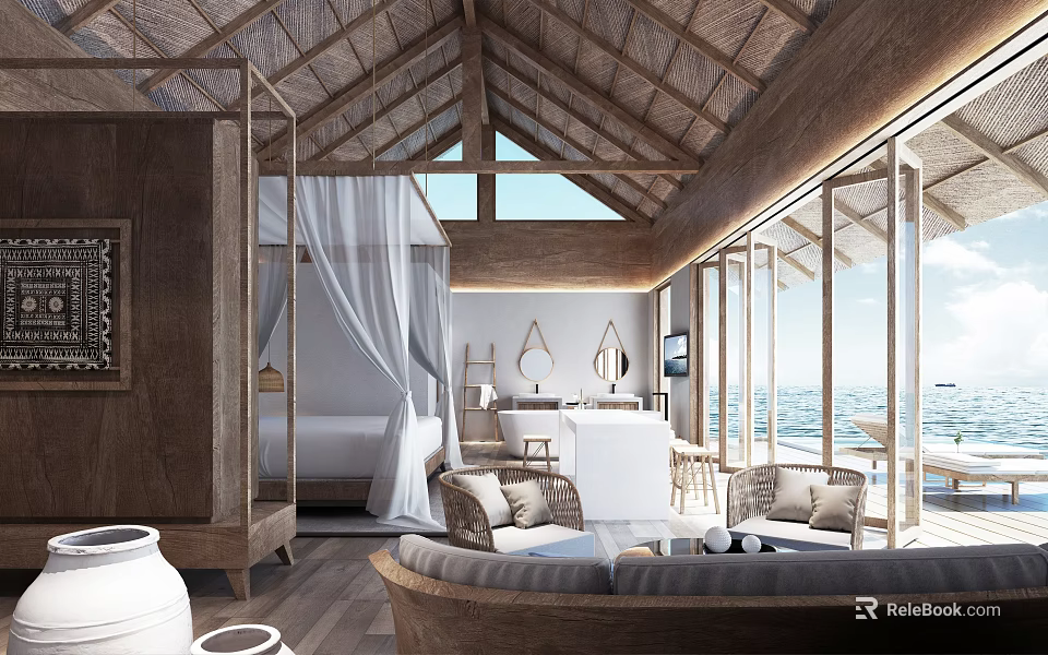 Luxury Hotel Room Featuring Thatch Roof Ocean View Wooden Design And Terrace Seating 3d model 