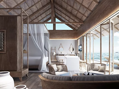 Luxury Hotel Room Featuring Thatch Roof Ocean View Wooden Design And Terrace Seating 3d model