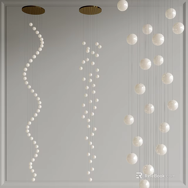 Different Styles of White Chandeliers with Spiral Beaded and Vertical Spherical Patterns on Gray Wall 3d model 