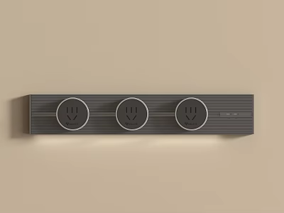 Gray Rectangular Control Panel With Three Circular Buttons And Power Symbols On Beige Wall 3d model