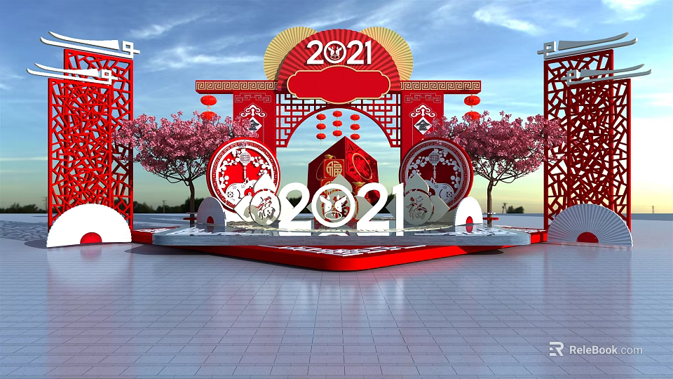 Chinese New Year 2021 Red Archway Decor With Cherry Blossom Trees And Paper Cut Patterns 3d model 