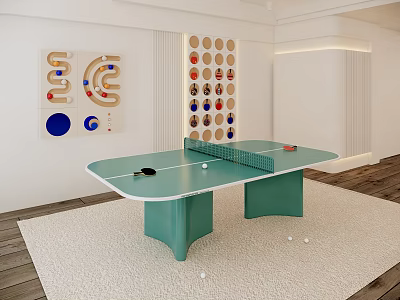 Green Ping Pong Table With Paddles Balls In Modern Room With Wall Decorations 3d model