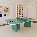 Green Ping Pong Table With Paddles Balls In Modern Room With Wall Decorations