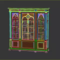 Classic Wooden Bookcase with Carved Details and Arched Glass Doors Filled with Vintage Books