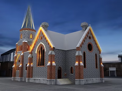 Historic Gothic Building With Spire Stone Brick Structure And Illuminated Arched Windows At Night 3d model