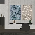 Abstract Paintings With Leaf Shaped Patterns On Interior Wall Above Modern Black Table 3d model