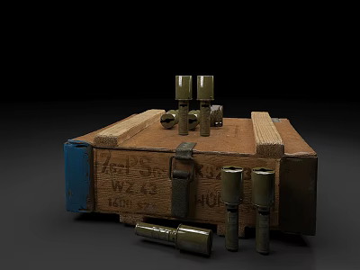 Vintage Weapon Ammunition Crate With Metal Shells On Wooden Storage Box 3d model