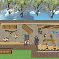 Outdoor Children's Play Area With Swings Seesaw Tire Rings And Wooden Walkway