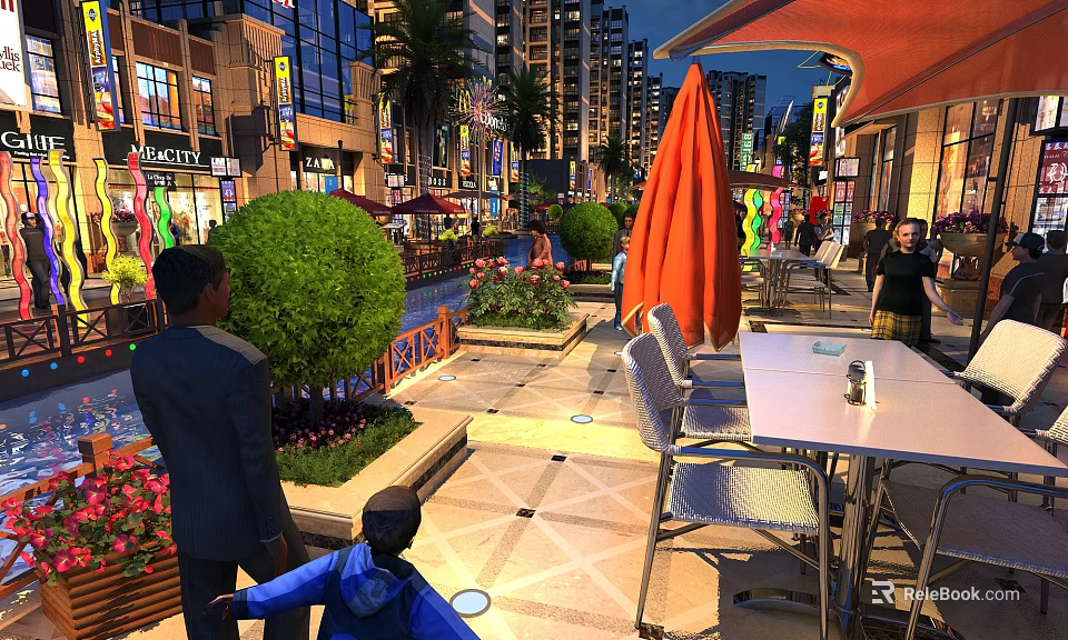 Vibrant Commercial Street With Outdoor Dining Seats Pedestrians Green Plants And Modern Shopfronts 3d model 