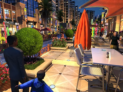 Vibrant Commercial Street With Outdoor Dining Seats Pedestrians Green Plants And Modern Shopfronts 3d model