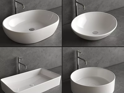 Modern Minimalist Bathroom Washbasin with Oval Rectangular Round Shapes Ceramic Finish and Chrome Faucet 3d model