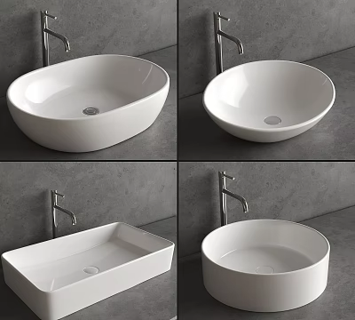 Modern Minimalist Bathroom Washbasin with Oval Rectangular Round Shapes Ceramic Finish and Chrome Faucet 3d model