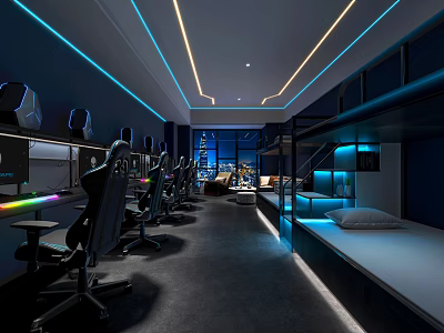 Modern Tech Gaming Room With Gaming Chairs Computer Setups Bunk Beds And Blue Purple Lighting 3d model