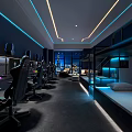 Modern Tech Gaming Room With Gaming Chairs Computer Setups Bunk Beds And Blue Purple Lighting