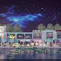 Vibrant Commercial Street at Night with Starry Sky Neon Signs and Waterfront Reflections