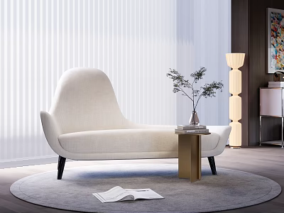 Modern Beige Fabric Chaise Lounge On Grey Rug With Side Table And Open Book 3d model
