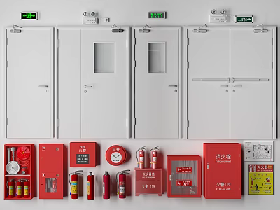 Fire Safety Equipment With White Fire Doors Red Extinguishers And Alarm Devices 3d model