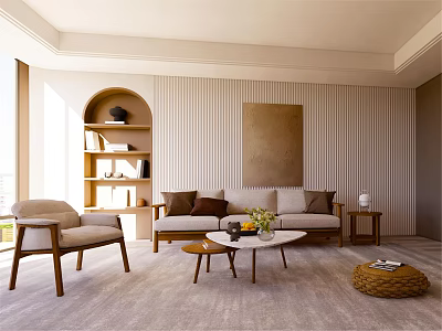 Bright Living Room Interior With Beige Sofa Armchair Coffee Table And Arched Bookshelf 3d model