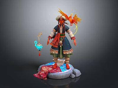 Game Movie Character In Traditional Outfit With Red Bird Blue Lantern And Stone Base 3d model