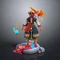 Game Movie Character In Traditional Outfit With Red Bird Blue Lantern And Stone Base
