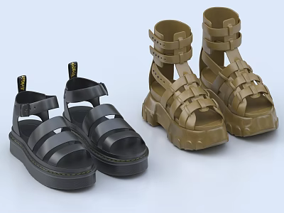 Women's Black and Khaki Platform Sandals with Straps and Thick Soles 3d model