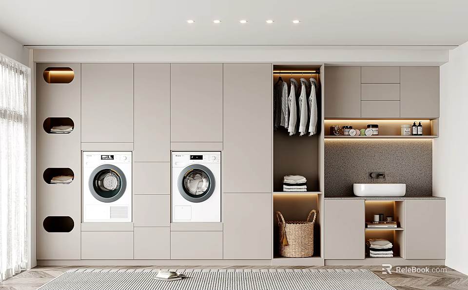Modern Bathroom Cabinet Rack With Two Washing Machines Open Storage Cabinets Hanging Clothes And Sink 3d model 
