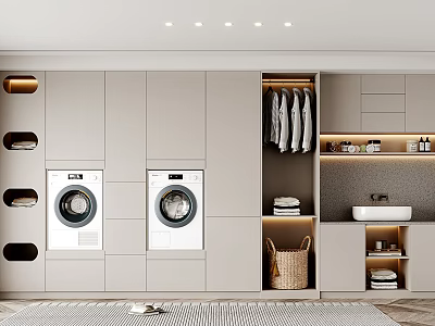 Modern Bathroom Cabinet Rack With Two Washing Machines Open Storage Cabinets Hanging Clothes And Sink 3d model