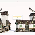 Traditional Windmills And Old Houses With Tiled Roofs White Walls Green Windows