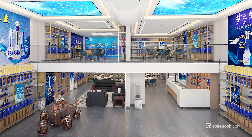 Modern Two Story Showroom Interior With Blue Starry Ceiling And Display Shelves 3d model 