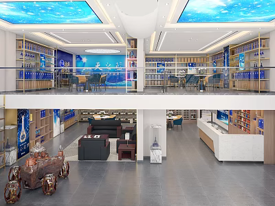 Modern Two Story Showroom Interior With Blue Starry Ceiling And Display Shelves 3d model