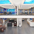 Modern Two Story Showroom Interior With Blue Starry Ceiling And Display Shelves