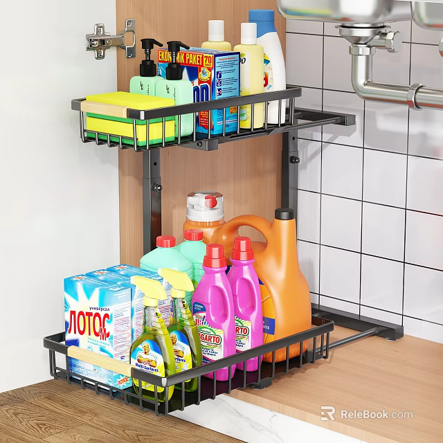 Black Metal Under Cabinet Shelf Organizer with Cleaning Supplies Sponge and Detergent Bottles 3d model 