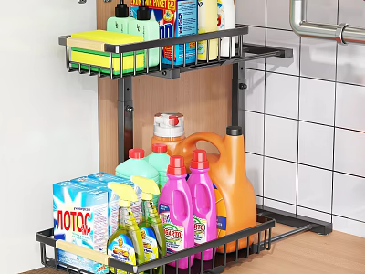 Black Metal Under Cabinet Shelf Organizer with Cleaning Supplies Sponge and Detergent Bottles 3d model