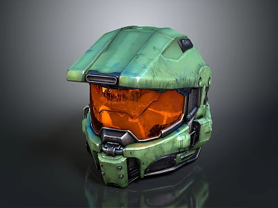 Futuristic Green Tactical Helmet With Orange Visor And Weathered Armored Surface 3d model