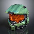 Futuristic Green Tactical Helmet With Orange Visor And Weathered Armored Surface