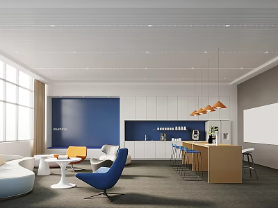 Modern Break Room Open Layout Blue Wall White Cabinets Orange Pendant Lights And Bar Counter 3d model