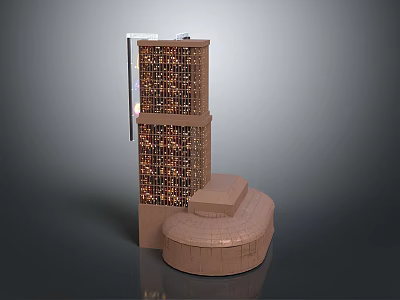 Cartoon Scene With Tall Layered Building Featuring Grid Windows And Round Base 3d model