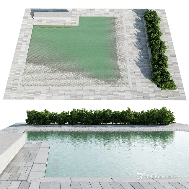 Waterfront Landscape Design With Green Water Area Gray Stone Pavement And Neat Shrubs 3d model 